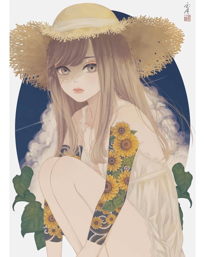 咲いて烧き付く|丑山雨的草帽少女插画图片