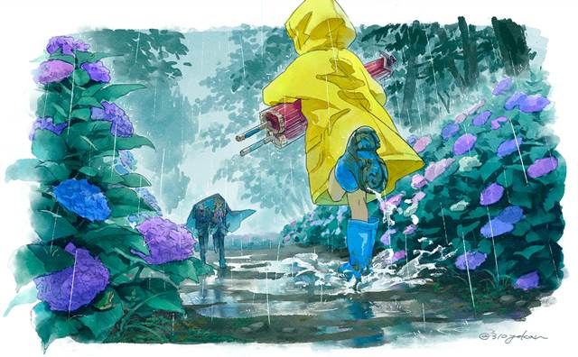 刀剑乱舞, Kenshin Kagemitsu, Kagemitsu Koryuu, Daihannya Nagamitsu, rainy season, rain, 紫阳花, raincoat, boots, Touken Ranbu 1000+ bookmarks