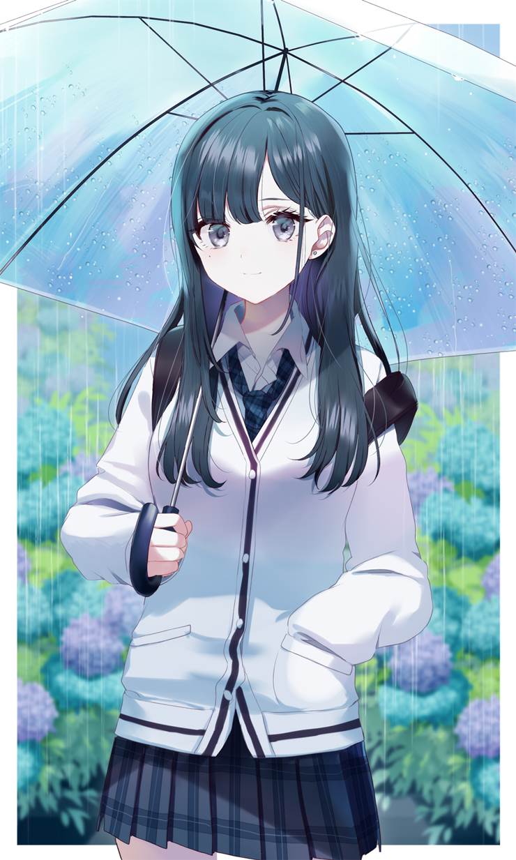 女孩子, 原创, 紫阳花, 穿洞, 白皮肤, 原创7500收藏, high school student, hands in the pocket, 透明伞
