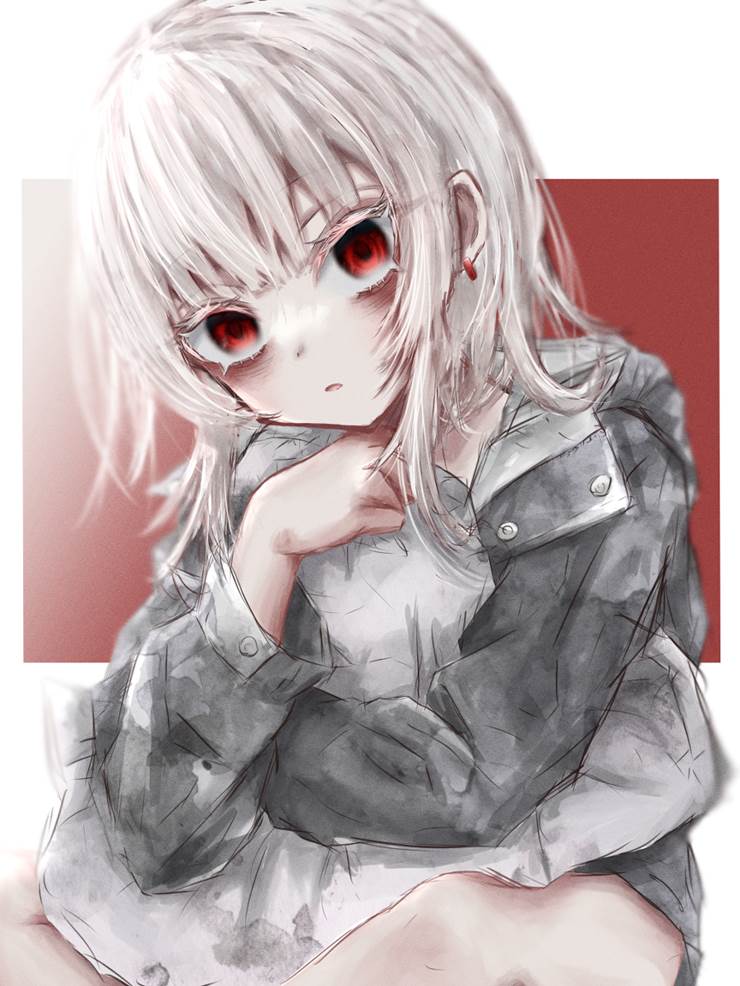 原创, young girl, 短发, 白发, watercolor, psycho, 病娇, 原创, 穿洞