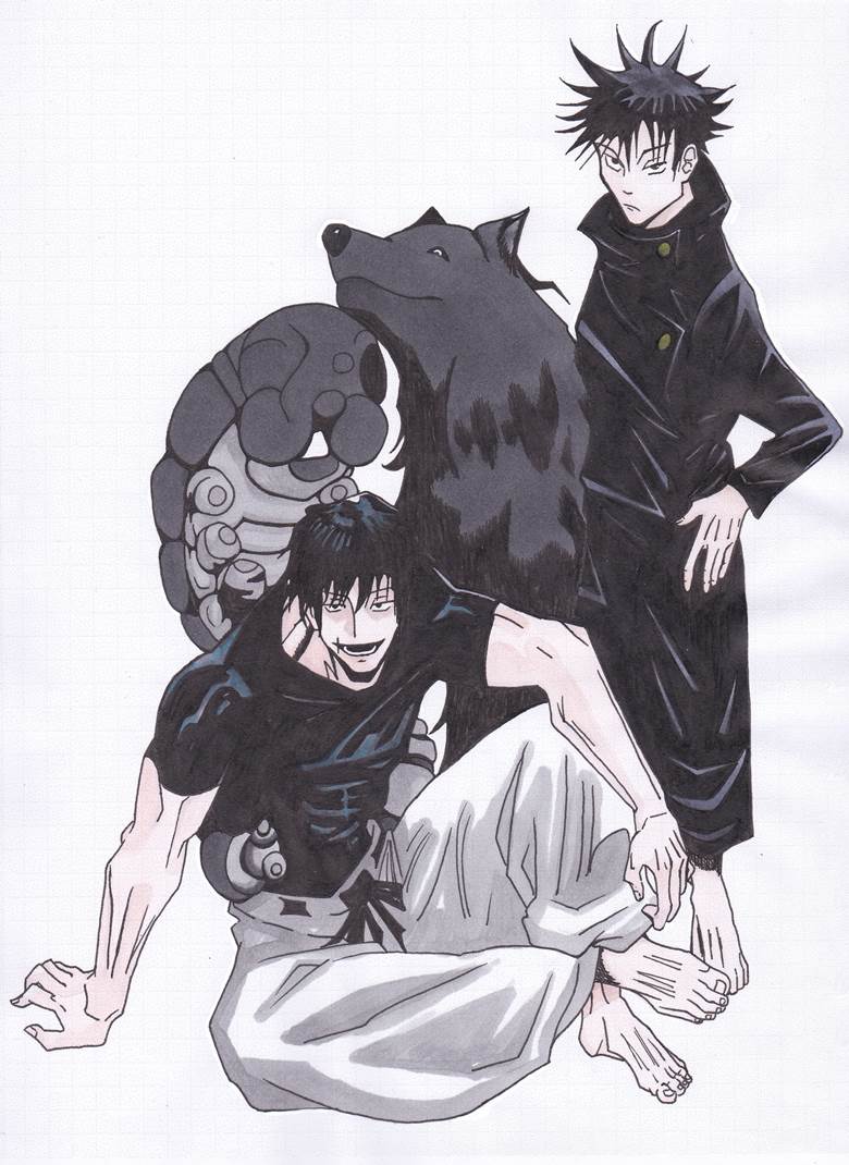analog illustration, traditional, traditional, replica, Jujutsu Kaisen, Megumi Fushiguro, Toji Fushiguro, Fushikuro parent and child, copic