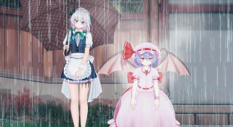 Touhou, touhou mmd, sakuya izayoi, remilia scarlet, rain, remisaku