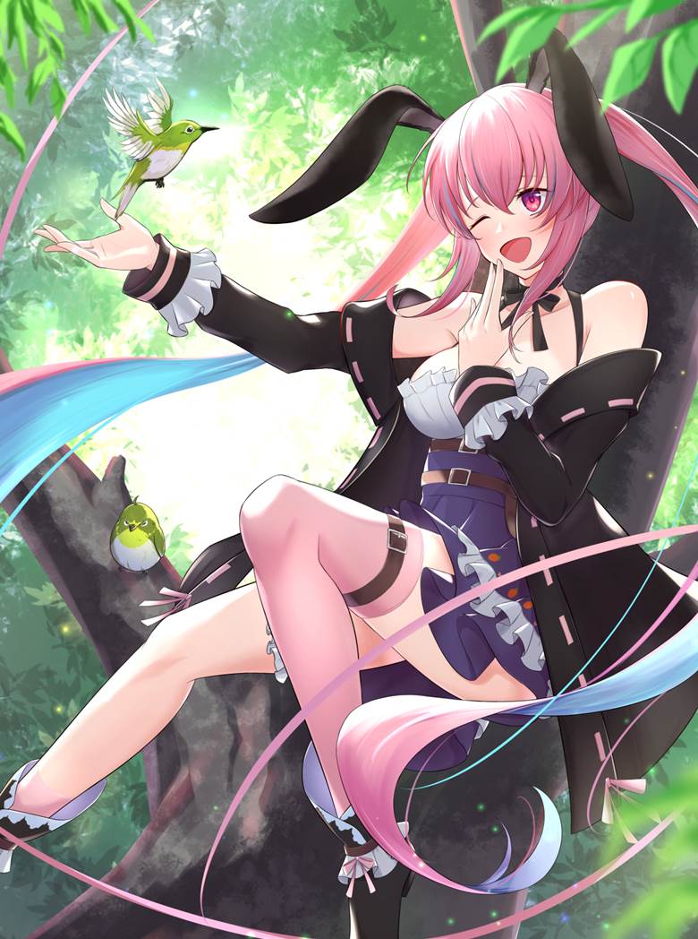 虚拟主播, commission, bunny ears, 双马尾, 鸟, forest