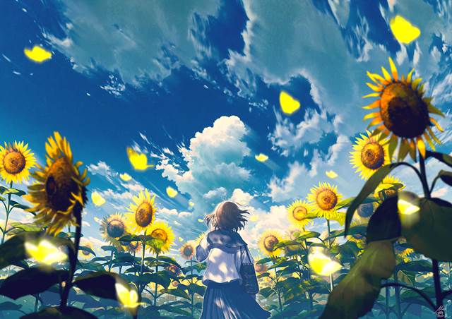 background, scenery, original, illustration, summer, sunflower, summer sky, sailor uniform, girl, original 10000+ bookmarks