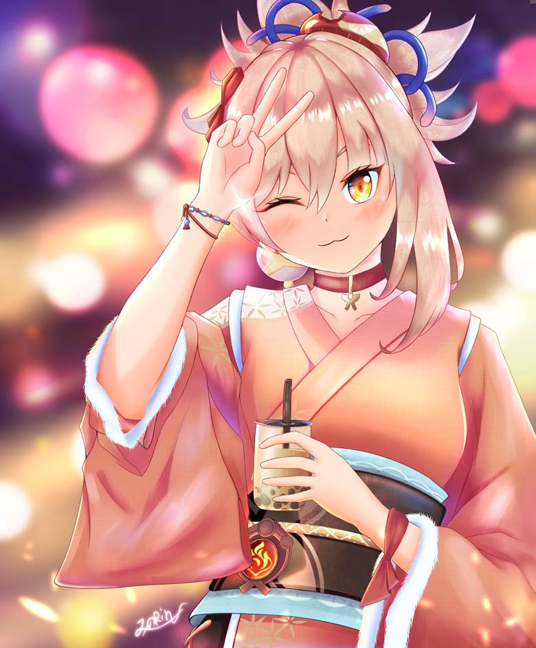 Genshin Impact, Yoimiya, 女孩子, 马尾, 可爱, 焰火, 和服, 珍珠奶茶