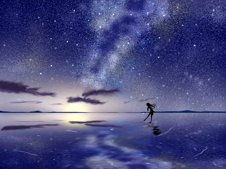 night sky, lake, 女孩子, star, fantasy