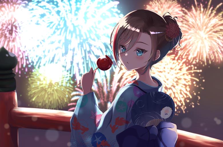 Kurusu Natsume, 彩虹社, 虚拟主播, 焰火, yukata, 苹果糖, summer festival