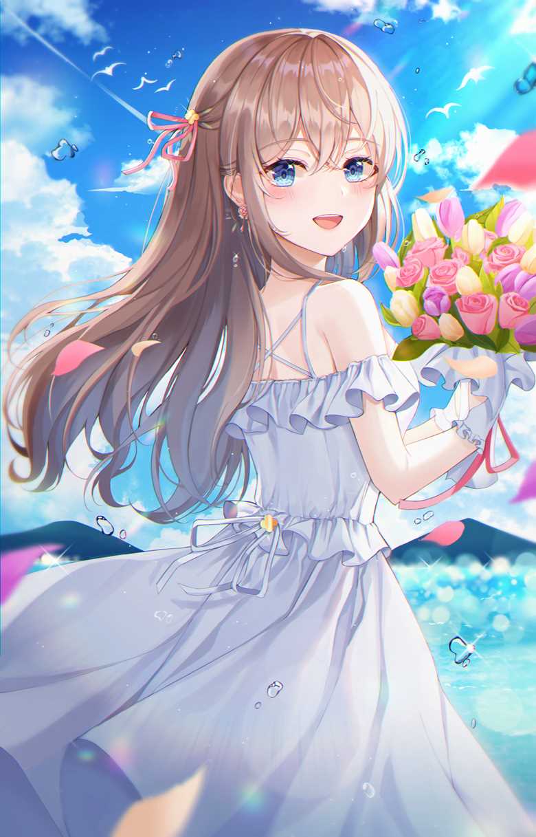 一张夏天,海,小女孩,白色连衣裙,花束绘画图片