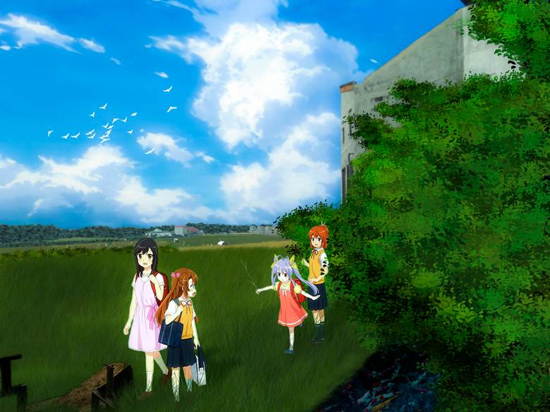 creation, scene, summer, background, scenery, cumulo-nimbus, summer sky, blue sky, schoolgirl, non non biyori