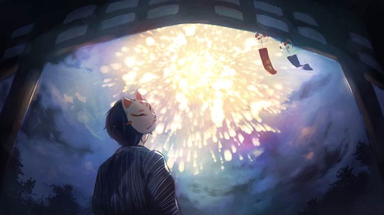 原创, yukata, 焰火, 男孩子, fox mask, night sky, 夏天