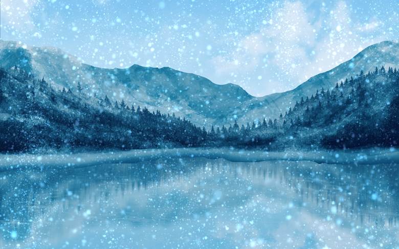 雪山と湖|花森(はなもり)的冬天下雪插画图片