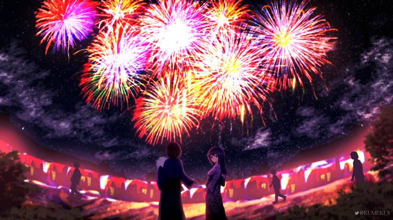 原创, 风景, background, 原创, 商业绘图, night sky, starry sky, festival, 女孩子, 焰火