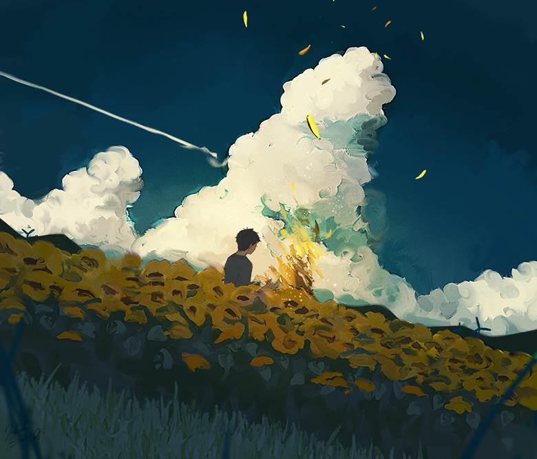 夏天, 原创, 原创, 插画, sunflower field, 夏日天空, 男孩子, 原创1000users加入书籤