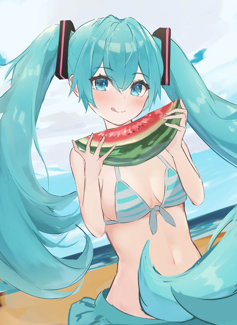 初音未来, 泳装, 比基尼, 夏天, sea, 双马尾, Summer Miku, midriff, VOCALOID 100收藏