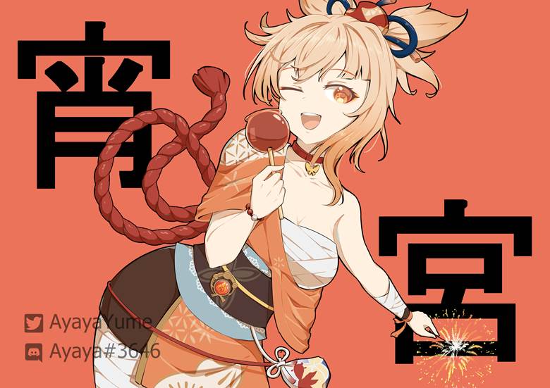 Yoimiya, Genshin Impact, 女孩子, 焰火, 苹果糖, Naganohara Yoimiya
