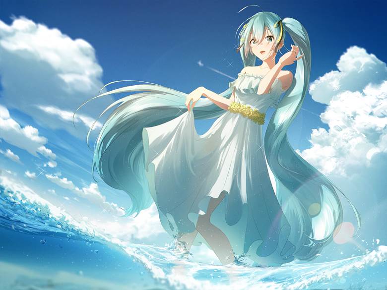 hatsune miku, summer, Summer Miku, feet in water