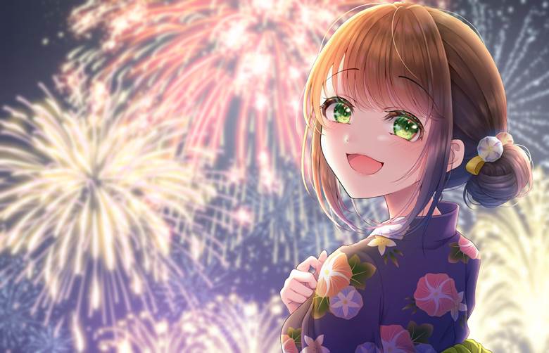 女孩子, 原创, 可爱, 插画, 原创, yukata, 焰火, 夏天, summer festival, 朝颜