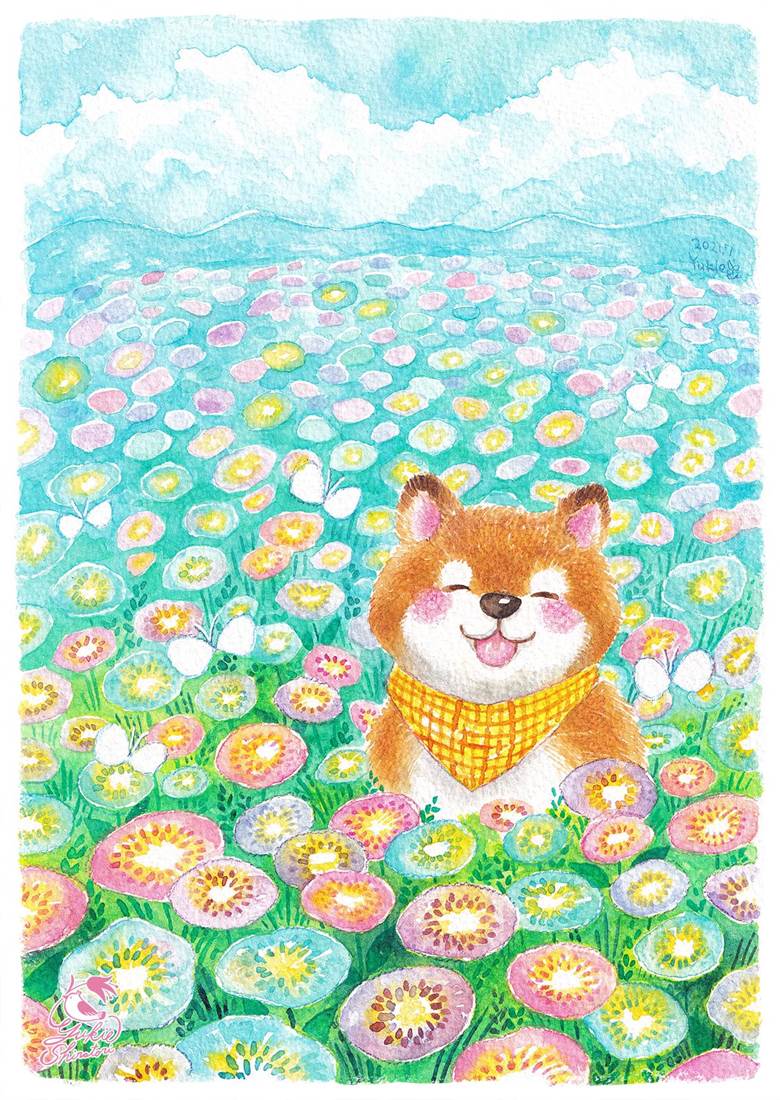 君と见た花畑|しらとりゆきえ的狗狗动物插画图片