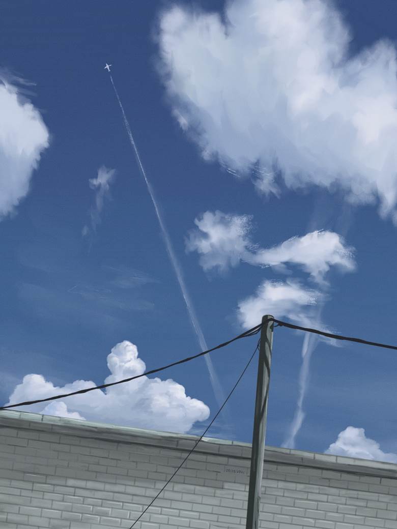 illustration, scenery, background, clouds, sky, summer, contrail, wires