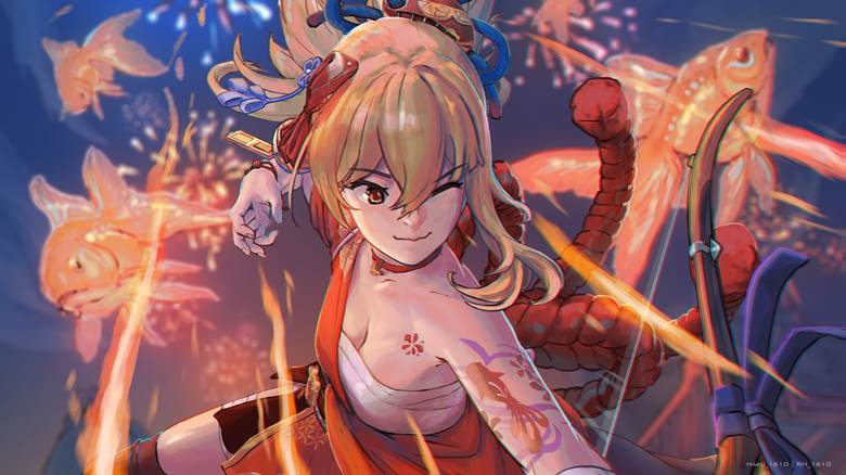 girl, Genshin Impact, Yoimiya, fireworks, goldfish