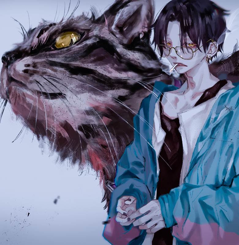 黑发, 原创, 原创, 香烟, glasses boy, 帅哥, cat, 猫与男孩, tank top