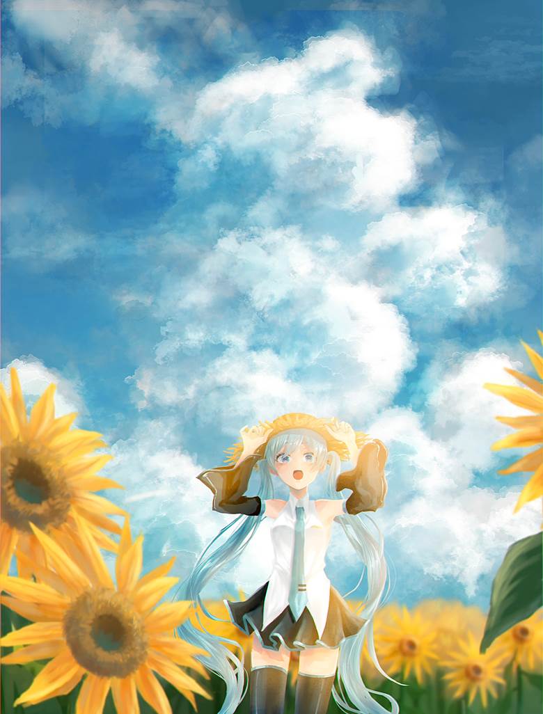 女孩子, 夏天, 初音未来, Summer Miku, 初音未来与花, 绝对领域