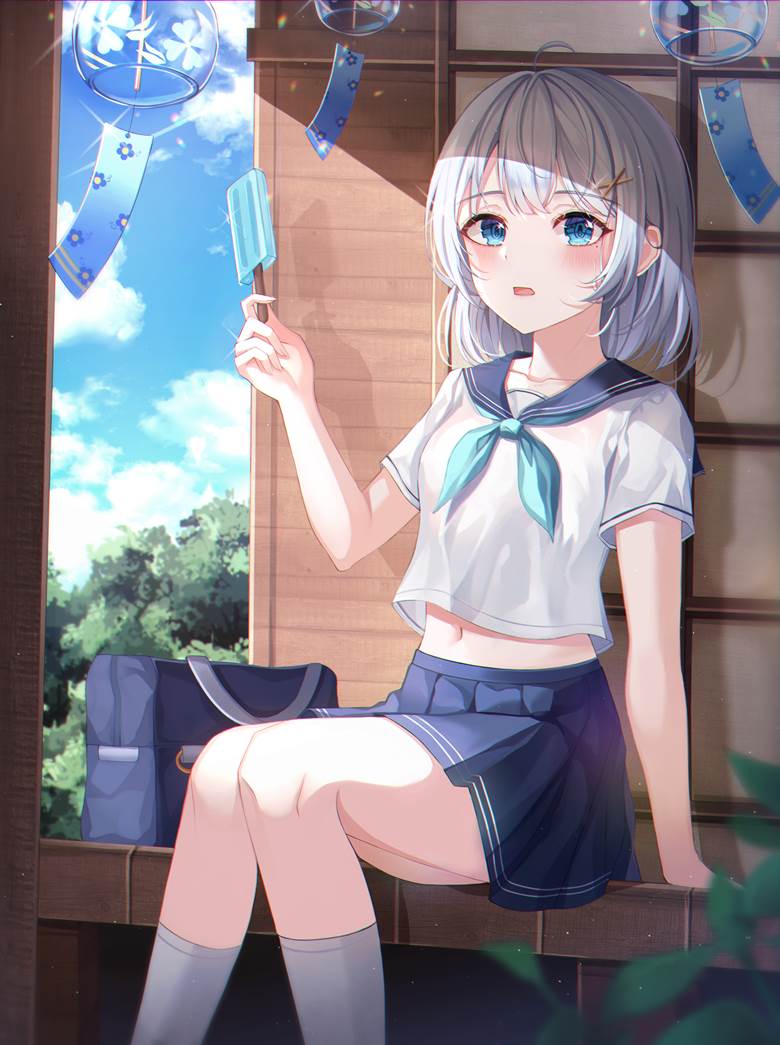 一张夏天,少女,JK,露肚脐,风铃,冰淇淋,外廊,水手服,小女孩绘画图片