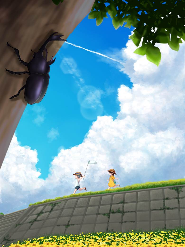 child, Japanese rhinoceros beetle, summer, clouds, sky, background, scenery