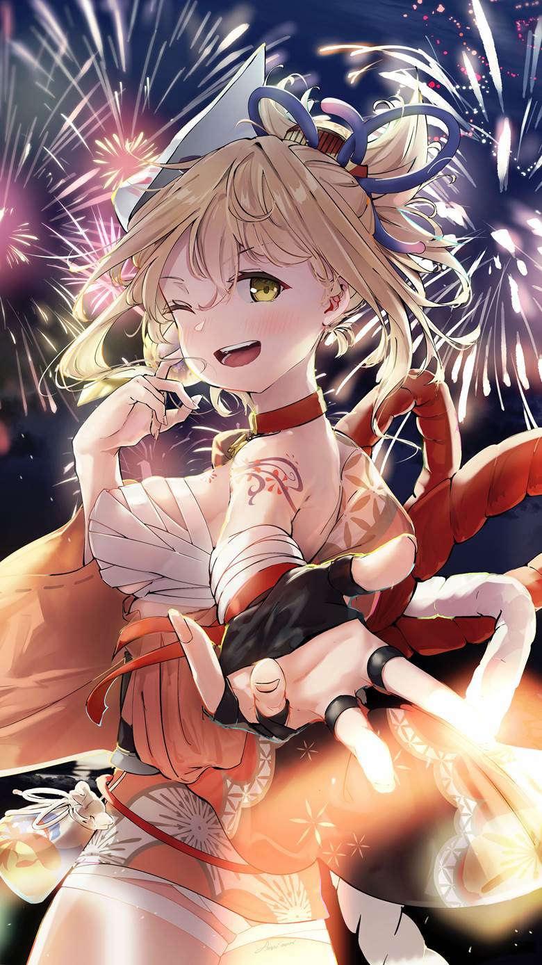Genshin Impact, Yoimiya, bandage, fireworks, girl