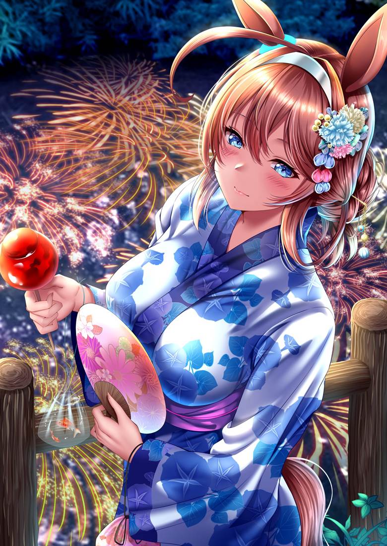 Mihono Bourbon (Uma Musume), 赛马娘Pretty Derby, 马娘, yukata, 焰火, 金鱼, 苹果糖, 迷人的眼睛, 赛马娘Pretty Derby 1000收藏