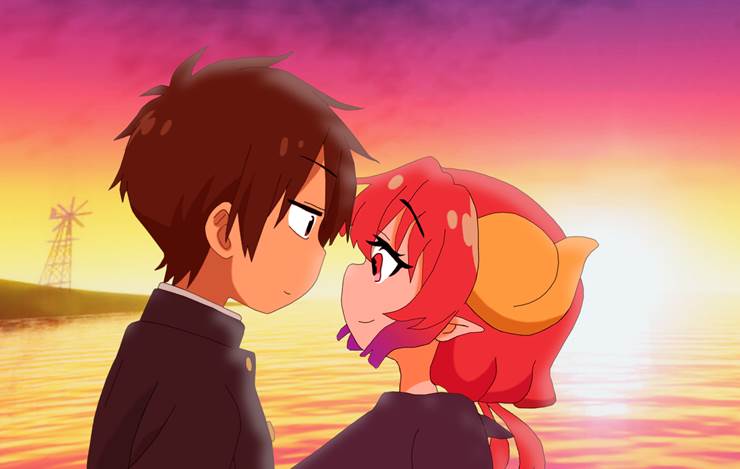 Miss Kobayashi's Dragon Maid, Iruru, Taketo/Ilulu, Taketo Aida, lovers, romance, beach, sunset, kawaii
