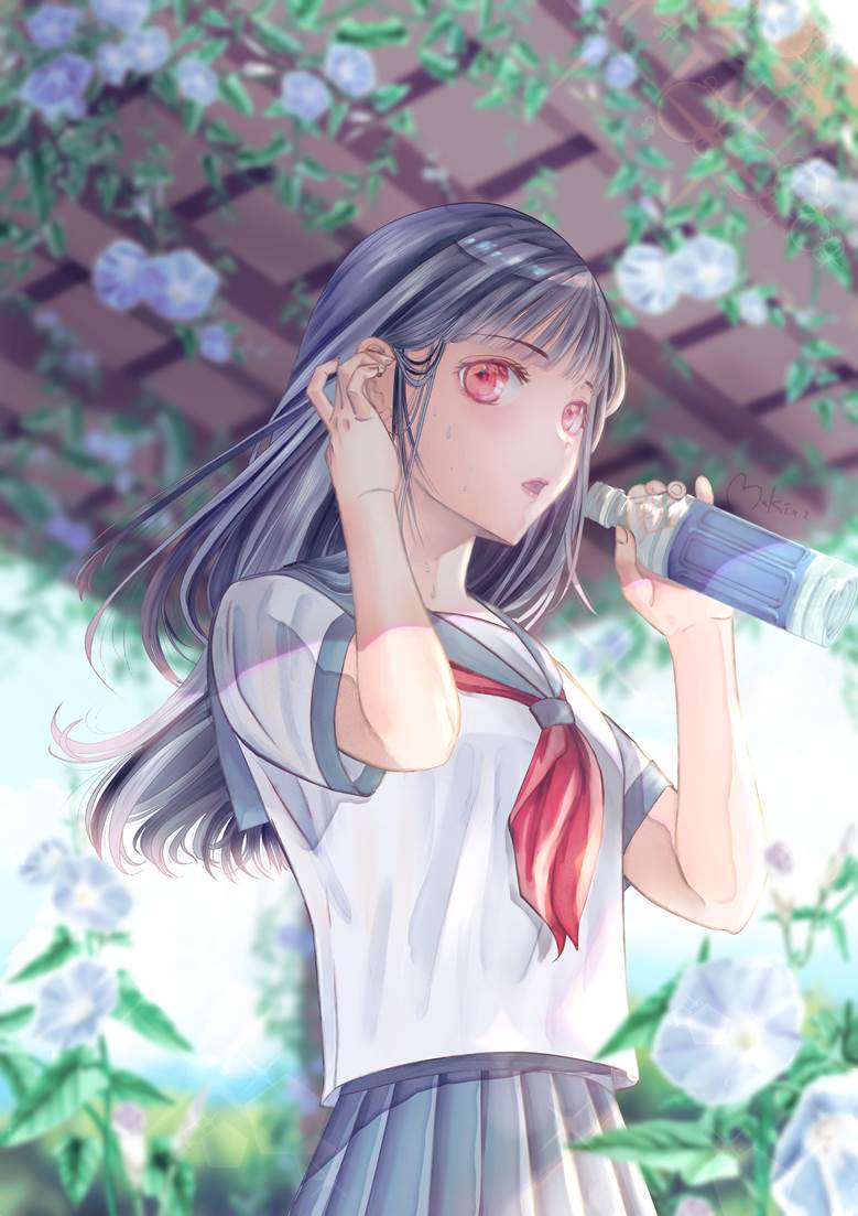 女高中生, 水手服, plastic bottle, 朝颜, drinking, 夏天, 黑发