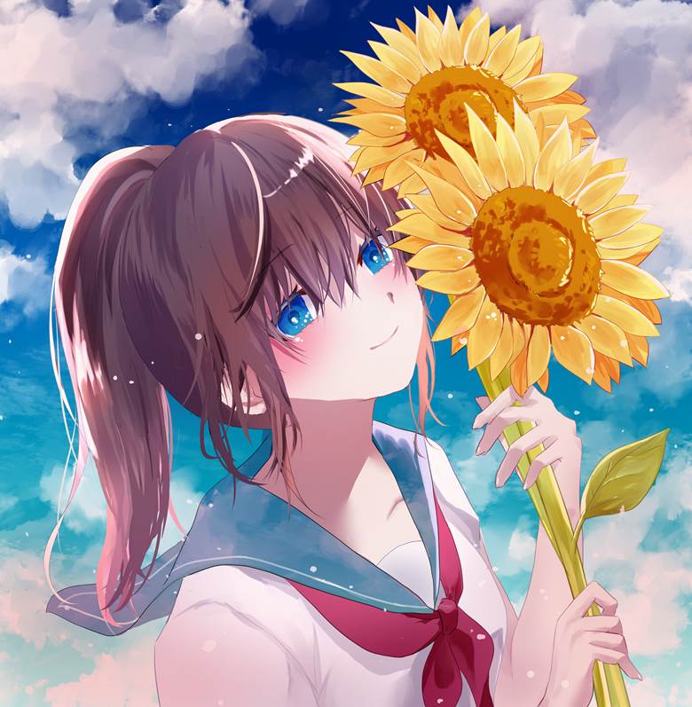 水手服, 向日葵, 蓝天, 原创, 女孩子, 夏天