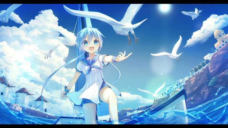 原创, 女孩子, 水手服, 夏天, sea, 鸟, ship, water