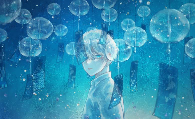 原创, 原创, 插画, 男孩子, 夏天, 蓝, 焰火, 风铃