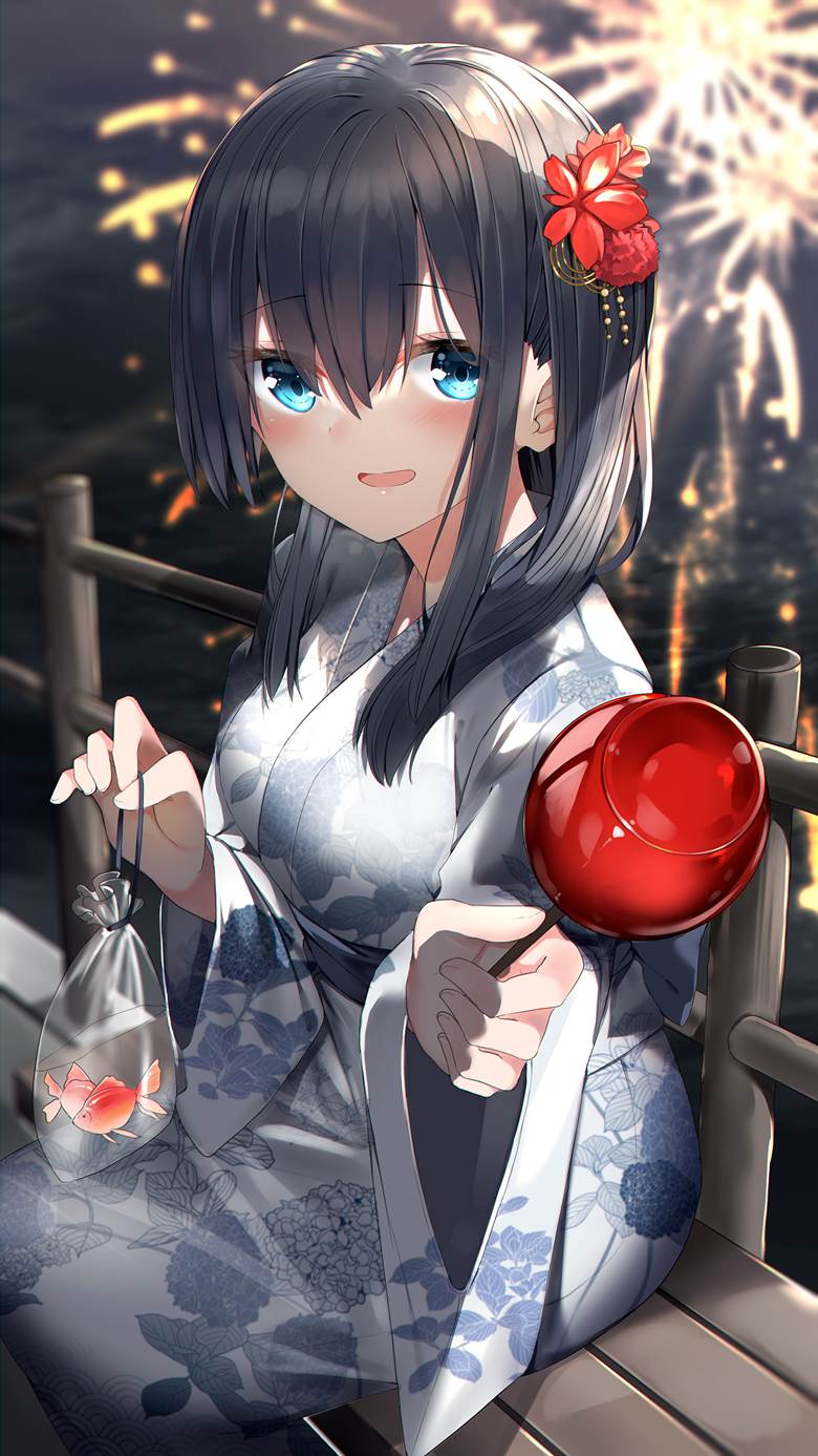 yukata, 苹果糖, 焰火, summer festival, 金鱼