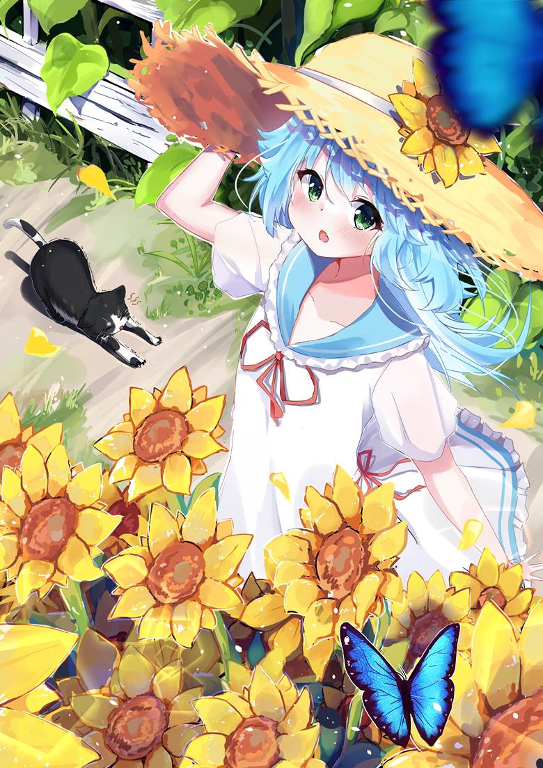 萝莉, shark, blue hair, long hair, 夏天, 草帽, 向日葵, 女孩子, 水手服, 水手连衣裙