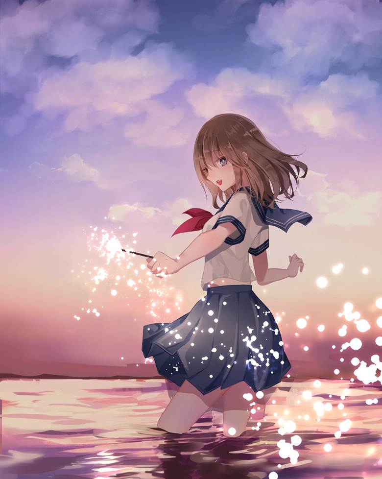 summer, fireworks, sailor uniform, girl, sea