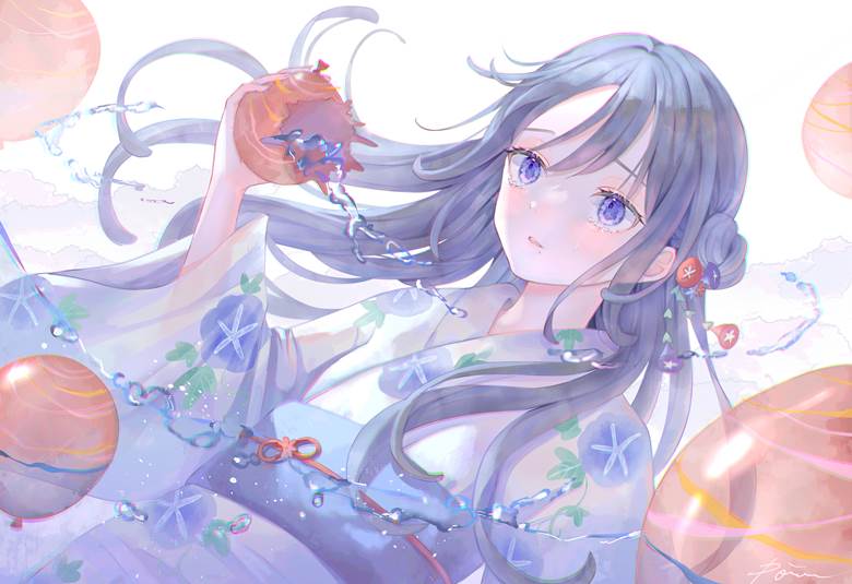 原创, 女孩子, 原创, 太美了, young girl, 紫阳花, 黑发, yukata, 夏天