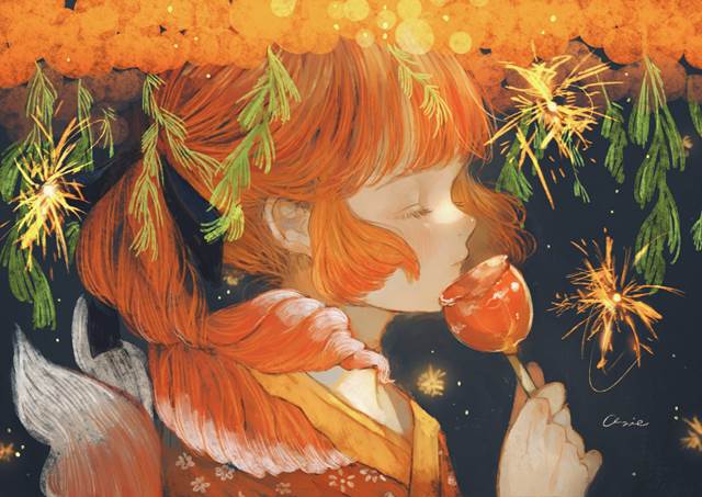 原创, 女孩子, young girl, 夏天, 金鱼, 焰火, 苹果糖, sparkler, orange hair, 原创3000收藏