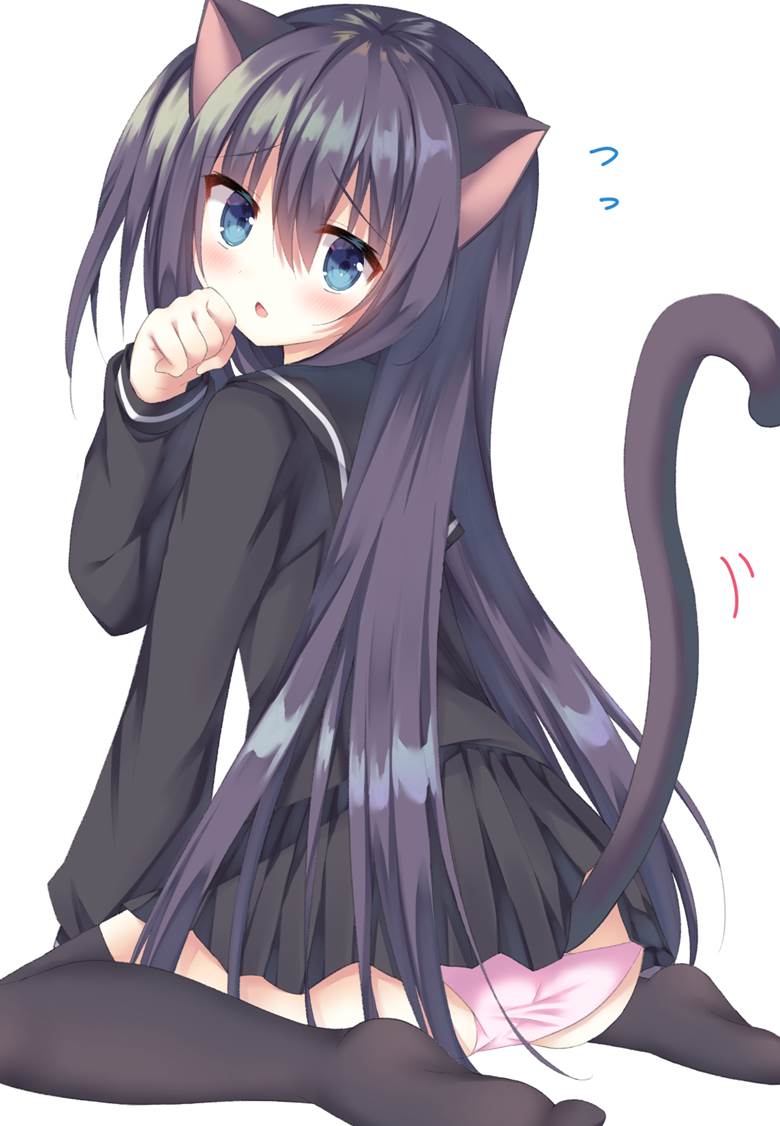 原创, 水手服, 黑色水手服, 鸭子坐, cat ears, tail from under skirt, Original 250+ bookmarks, Original 500+ bookmarks