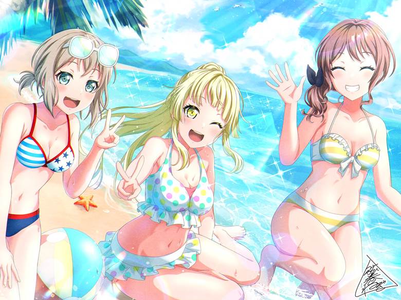 泳装, 夏天, sea, 山吹沙绫, 青叶摩卡, 弦卷心, BanG Dream! Girls Band Party!, BanG Dream!, BanG Dream! 1000+ bookmarks