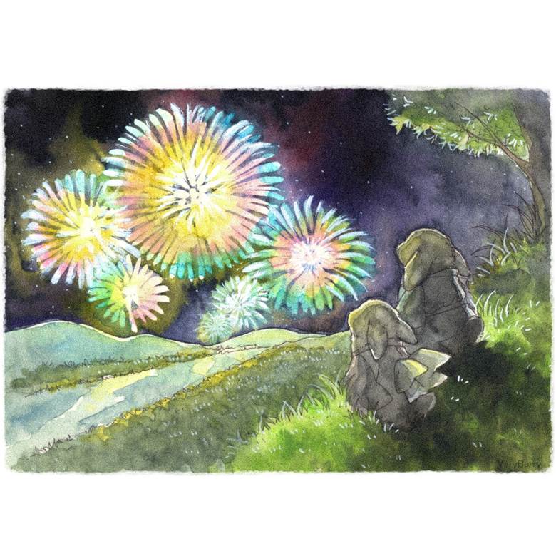 焰火, 夏天, 兔子, 原创, 原创, watercolor, 原创100收藏, yukata