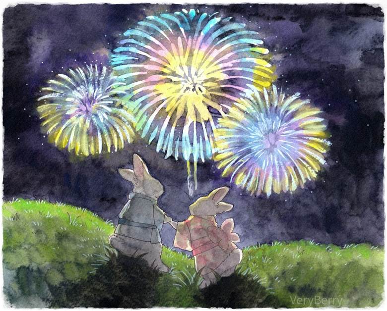 兔子, 焰火, 原创, 原创, 夏天, 和服, yukata, holding hands, Original 250+ bookmarks