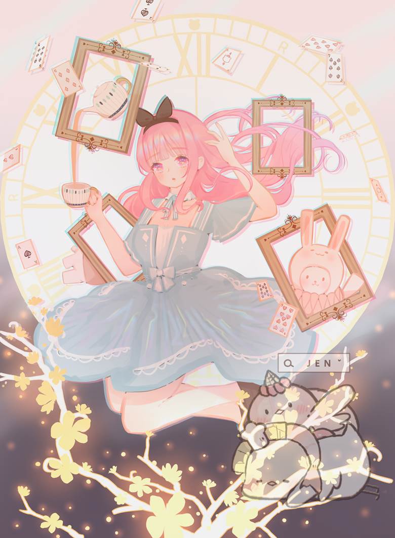 girl, kawaii, work illustration, bear, pink hair, alice in wonderland