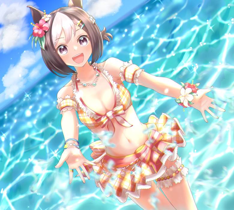 赛马娘Pretty Derby, 马娘, 特别周（赛马娘）, sea, 夏天, 泳装, sky, background, 插画