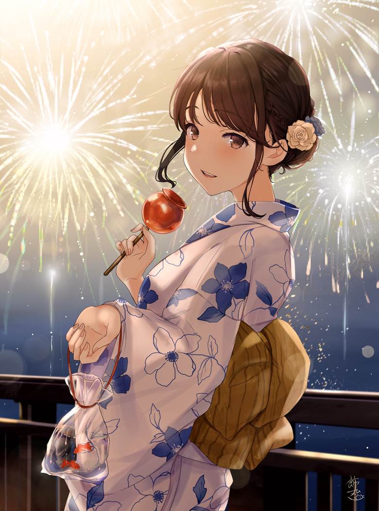 金鱼, 焰火, 苹果糖, yukata, 祭典, 女孩子, 原创