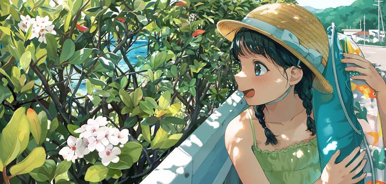 夏之回忆,夏天,海,草帽,阳光透过树木图片