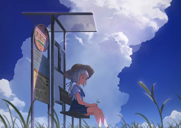在公交车站等待的和风少女插画图片，日系的浪漫真美