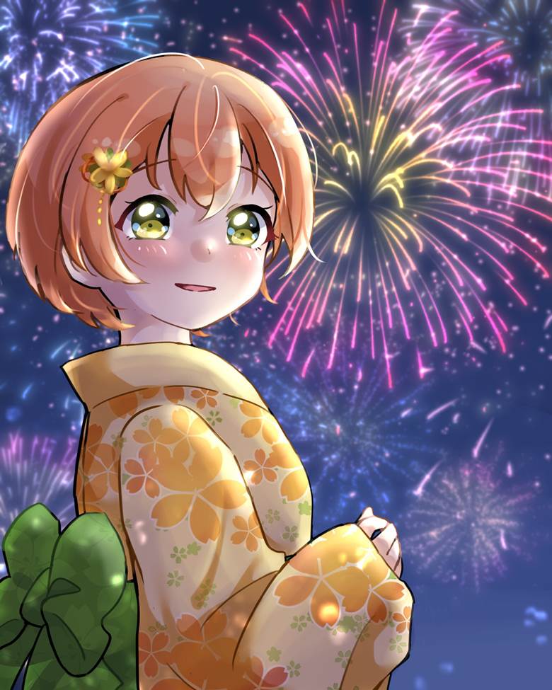 summer, digital illustration, fireworks, backlighting, yukata, hoshizora rin, love live!, Love Live! 50+ bookmarks
